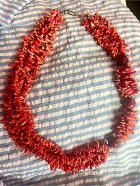 Multi-strand Red Coral Cluster Necklace with Dark Red & silver Accent Beads